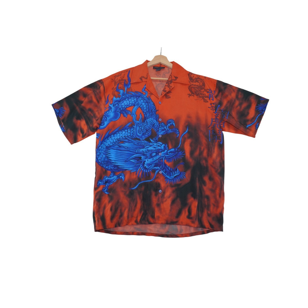 Oscar Misa Dragon Graphic Button Up Shirt Red Blue Asian Style Men’s L